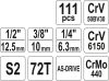 YATO Dugókulcs készlet 111 részes 1/2" 14-32, 1/4" 3,5-13, 3/8" 9-16 CrV (YT-38831)